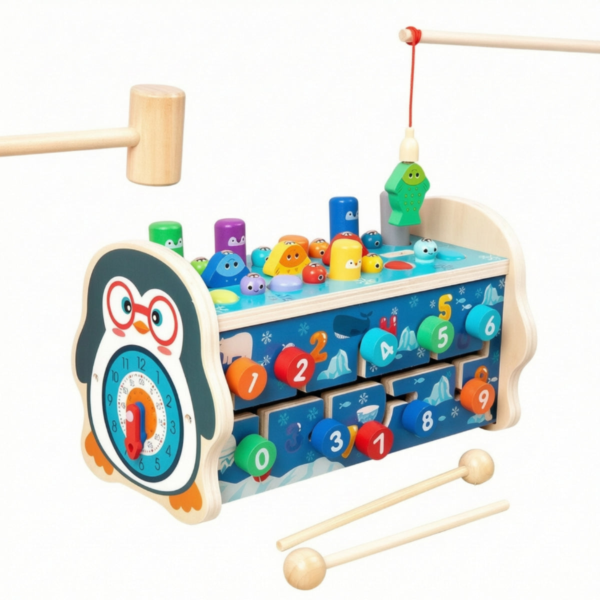 Multifunction Wooden Activity Toy with Clock Cognitive Wooden Hammering Toy Safe Whack-Acritter Game Colorful for Toddlers, Playroom, Classroom