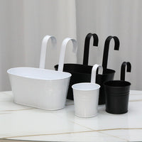 Rustic Iron Oval Hanging Flower Pot with Double Hooks for Fence