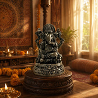 Elephant Deity Figurine Raised Scrollwork Seated Elephant Statue