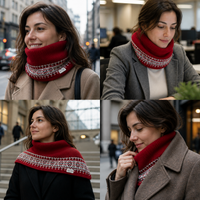 Vintage Fair Isle Jacquard Knitted Poncho Scarf for Women, Winter Warm High-Neck Shawl Wrap
