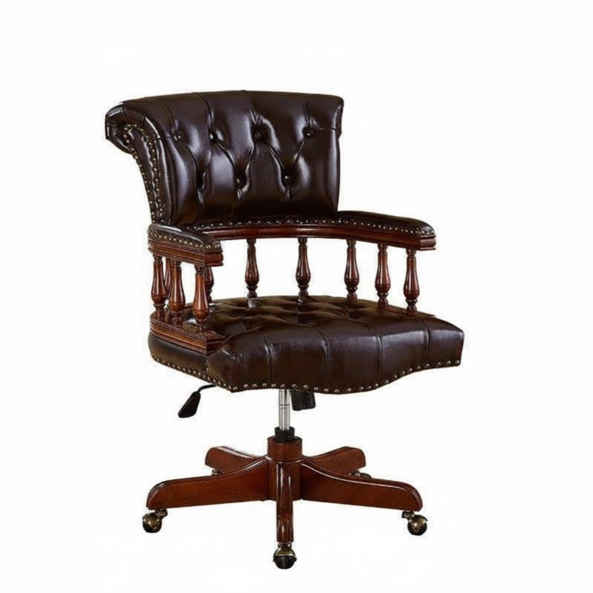 Leather Upholstery Carved Wood managerial Chair High rear Support Rolling Task Chair Vintage Design Office Furniture Height Adjustable for managerials, Professionals, Students, Study Room, Library, Work