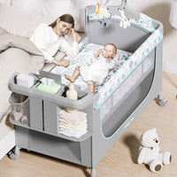 With Changing Table Folding Travel Cot Installation-Included Portable Baby Crib Adjustable Height Bedside Sleeper Bassinet for Newborns, Infants, Toddlers, Bedroom