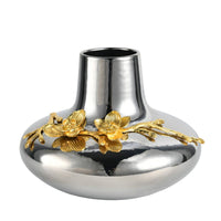 Silver Vase with Gold Floral Decoration Reflective Ceramic Flower Vase Decorative Vessel for Homeowners, Entryway Table