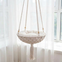 Cat Hammock Hanging Cat Chair with Cushion, Handmade Woven Macrame Basket Pet Cat Bed, Indoor Decor Fringe Suitable for Birman Cats