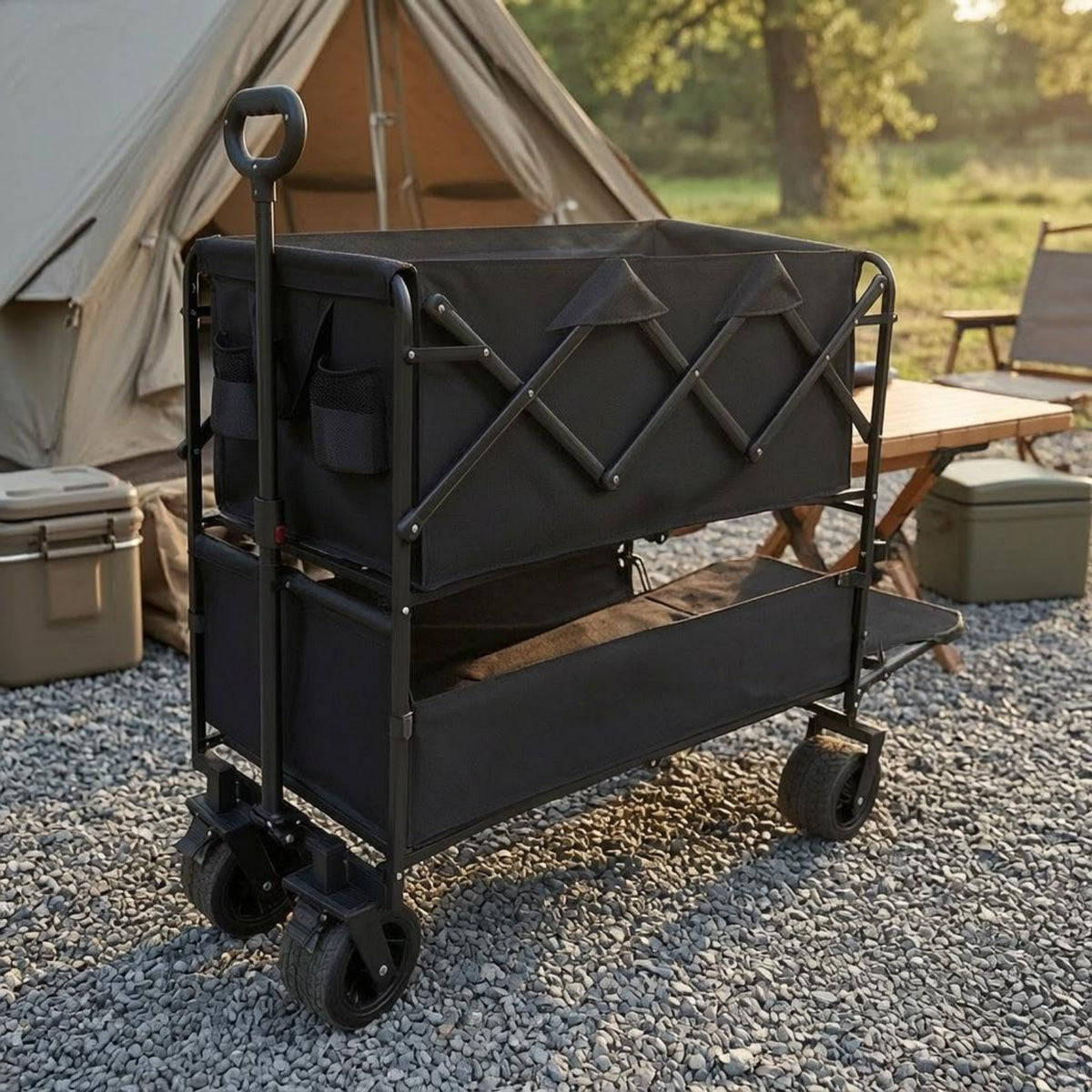 Metal Frame Two-Tier Utility Carrier Side Pocket Storage Collapsible Utility Carrier Four Wheels Household Carrier Compact for Outdoor