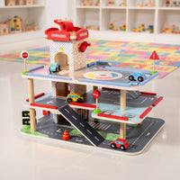 Wooden Parking Garage Playset Develops Movement Skills for Playroom, Kids
