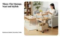 2-Tier Rolling Table Rattan Weave Accent 2-Tier Rolling Organizer Mobile Design Wood Top for Apartment Dwellers, Students