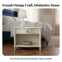 Drawer Nightstand French Vintage Design Single-Drawer Nightstand Distressed Finish Handmade for Guest Room, Small Spaces