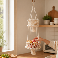 Bohemian Hanging Basket for Fruit, Handmade Macrame Hanging Basket for Kitchen, Cream Textile Fiber Fruit Hammock Storage
