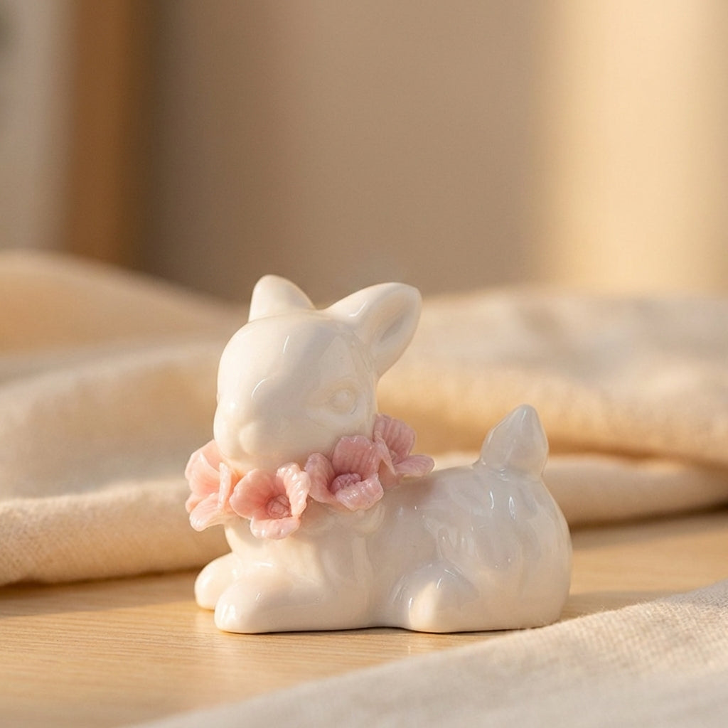 Ceramic Bunny Figurine Floral Accent Decoration Ceramic Bunny Statue Cute Design Easter Bunny Ornament for Families, Party Hosts, Tabletop, Shelf, Living Room
