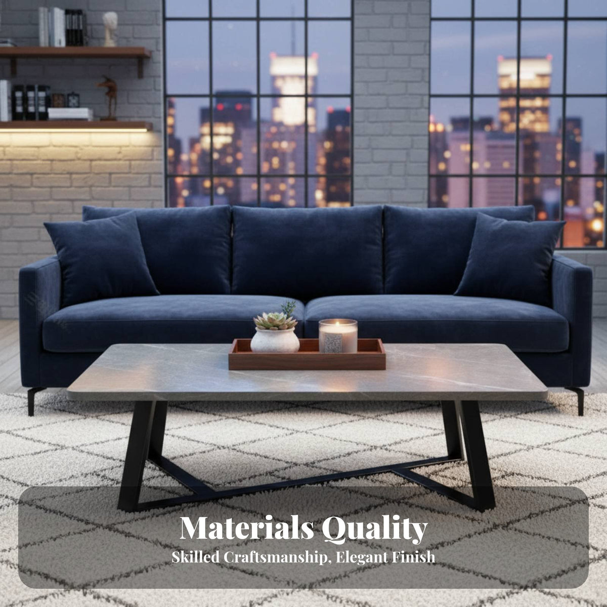 Minimalist Square Coffee Table, Marble Texture, Metal Frame, Living Room