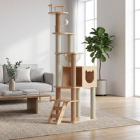Cat Activity Center with Wooden House and Perch, 5-Level Multi Level Climbing Tree with Hammock and Space Capsule for Large Indoor Cats