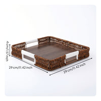 Square Tray with Handles Low-Rise Wood and Rattan Tray Sturdy for Homeowners