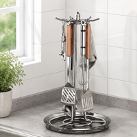 Kitchen Tool Storage, Stainless Steel, With Draining, 17x19x46cm, Rotating, 6 Hooks, Cutlery Holder