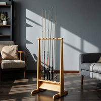 Fishing Rod Rack Freestanding Fishing Rod Holder with 6 Slots Wooden Organizer for Fishermen, Cabin