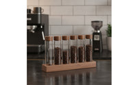 Single-Dose Coffee Bean Display Rack Wooden Coffee Bean Cellar with Wood Base Airtight Glass Tube Holder Countertop for Baristas, Espresso Station