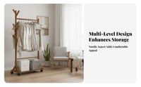 Multi-Functional Freestanding Clothes Rack Space Saving Garment Rack with Shelves Large Capacity Wooden Coat Stand Stable Structure for Renters, Homeowners, Students, Bedroom, Entryway, Living Room, Apartment