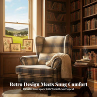 Plaid Side-Wing Armchair Armchair Highspine Design Upholstered Studying Chair Vintage Look Sturdy Wood Frame for Adults, Study