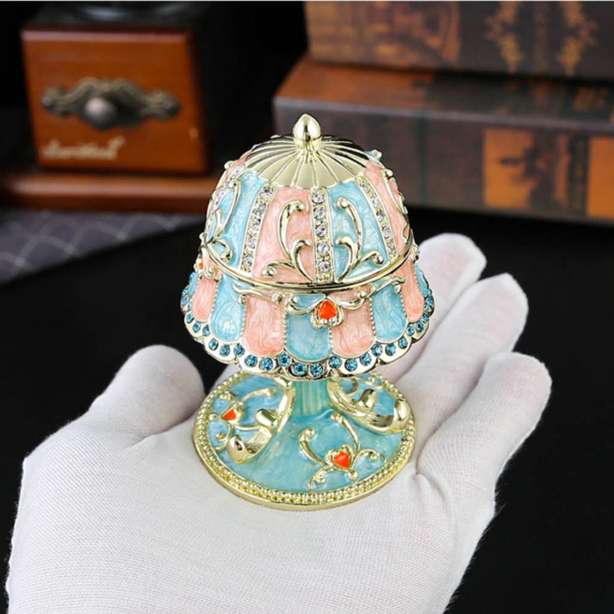 Table Lamp Jewelry Box Domed Shade Enamel Jewelry Box Decorative Accessory Blue and Pink Panels Decor Gold-Tone Trim