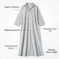 Maxi Dress for Women with Three Quarter Batwing Sleeves, Shirt Style for Work and Office Wear, Long Loose Fit with Splicing Panel Design