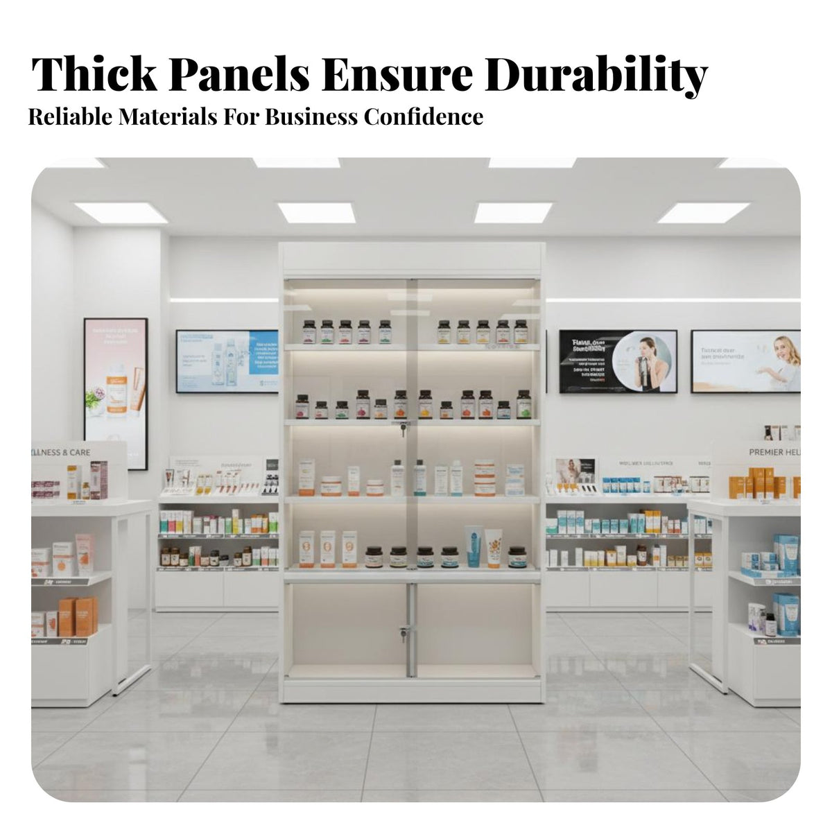 Glass Door Display Cabinet Thickened Panels Lockable Merchandise Case Heavy Duty Multi-Tier Product Shelf for Retailers, Salons, Boutiques, Pharmacies