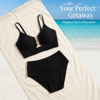 Swimsuit for Women, V-Neck Cutout Bikinis with High-Waisted Textured Pleats, Stylish Two-Piece Set with Chest Pads, Flattering Pool Wear