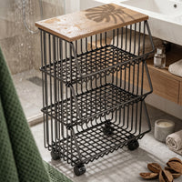 Kitchen Storage Cart with Wood Top Floor-Standing Rolling Cart with Wire Baskets Modern for Apartment