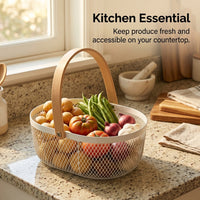 Laundry Basket with Metal Wire Frame for Kitchen Storage and Organization, Oval Shaped Iron Design for Fruits Vegetables Eggs