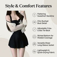 Swimsuit for Women, One-Piece Swimming Costume with Skirt & Long Sleeves for Sun Protection, Polyester One Piece for Water Sports