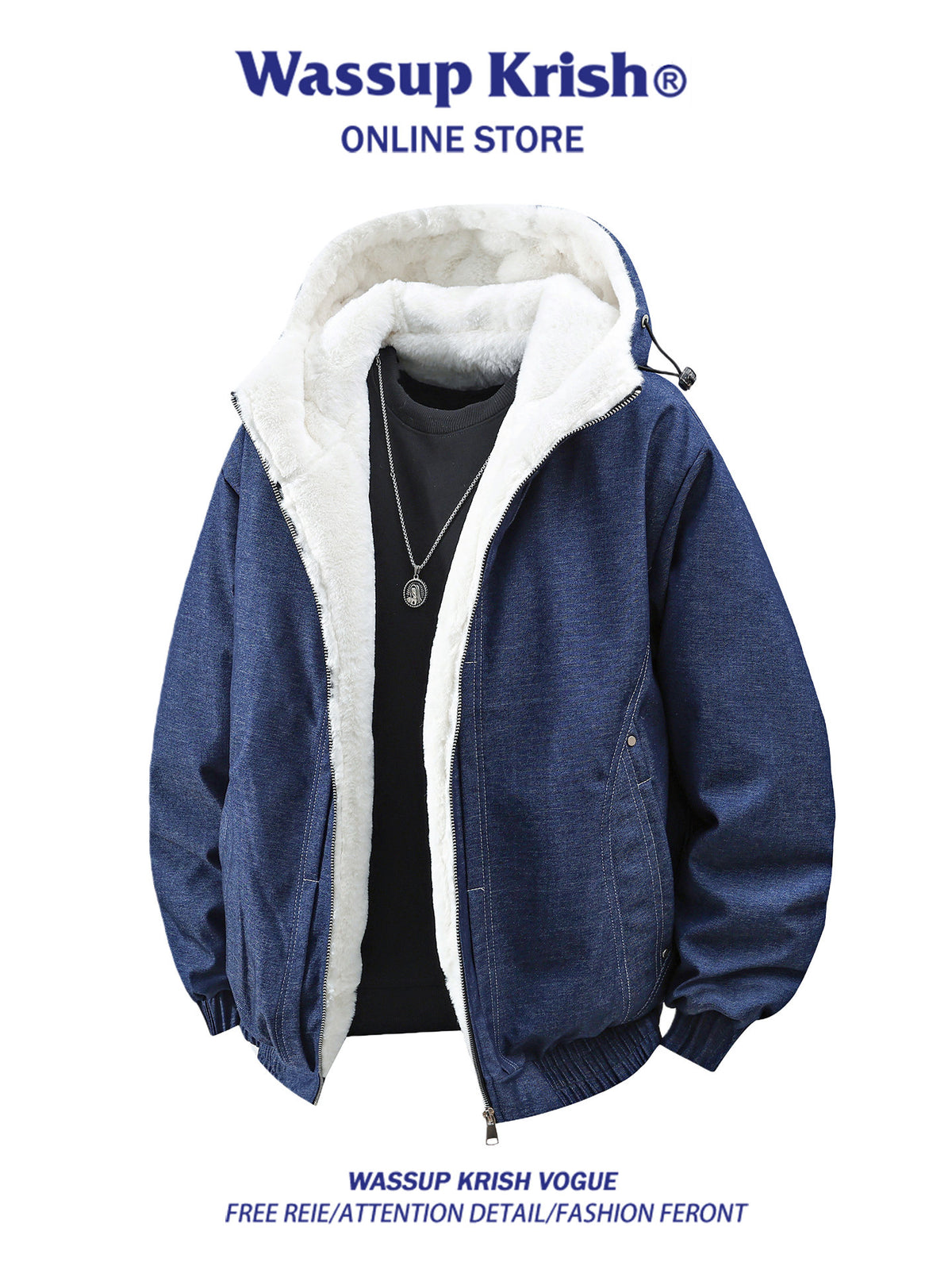 WASSUP KRISH羊羔绒连帽牛仔棉衣男冬季新款棉服加绒加厚棉袄外套