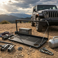 Fold-down Foldable Tailgate Table Heavy-Duty Tailgate Table with Cup Holders Space-Saving Folding Storage Rack Powder-Coated for Overlanders, Campers, Tailgating, Camping, Roadside Prep