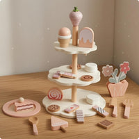 Wooden Dessert Stand Toy Rounded Edges Dessert Stand Playset Printed Details Pretend Tea Time Set for Children