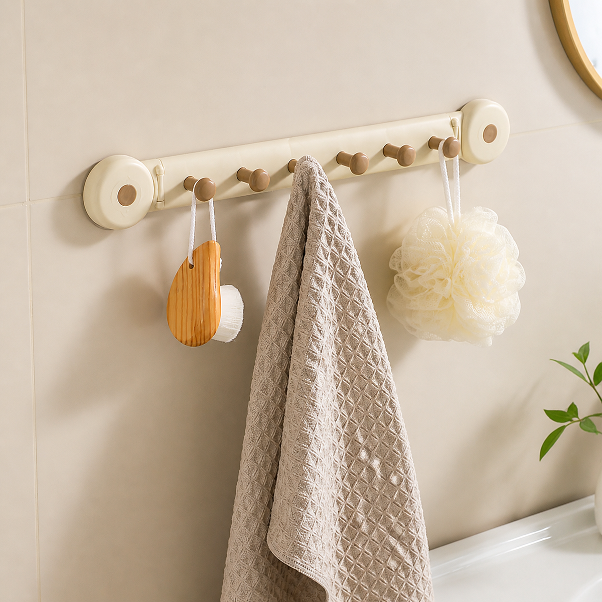 6 Hook 3M Hooks Wall Hooks Storage Rack, Pressure-mounted No-Drill Installation Synthetic Material for Bathroom, Kitchen, Bedroom Door