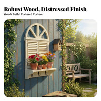 French Rural design aesthetic Faux aperture Planter Box Distressed Finish surface Decoration Louvered Shutters Home Decor Rustic Design for Interior Decorators, Apartment Dwellers, Patio, Balcony, Living Room, Entryway
