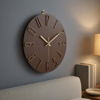 Slim-Edge Frameless Wall Clock Raised Numerals Silent Quartz Clock Wood-Grain