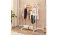 Telescoping Double Rod Garment Rack Space-Saving Rolling Clothes Rack with Shelf Easy Mobility Sturdy for Laundry Room