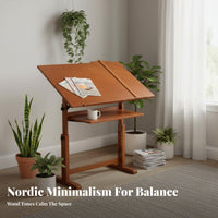 Minimalist Design Adjustable Wooden Drawing Table Writing Utensil Ledge Adjustable Height Drawing Desk Multipurpose Use Tilting Top Artist Workstation Solid Wood Frame for Art Students, Architects, Designers, Home Office, School, Workshop, Classroom