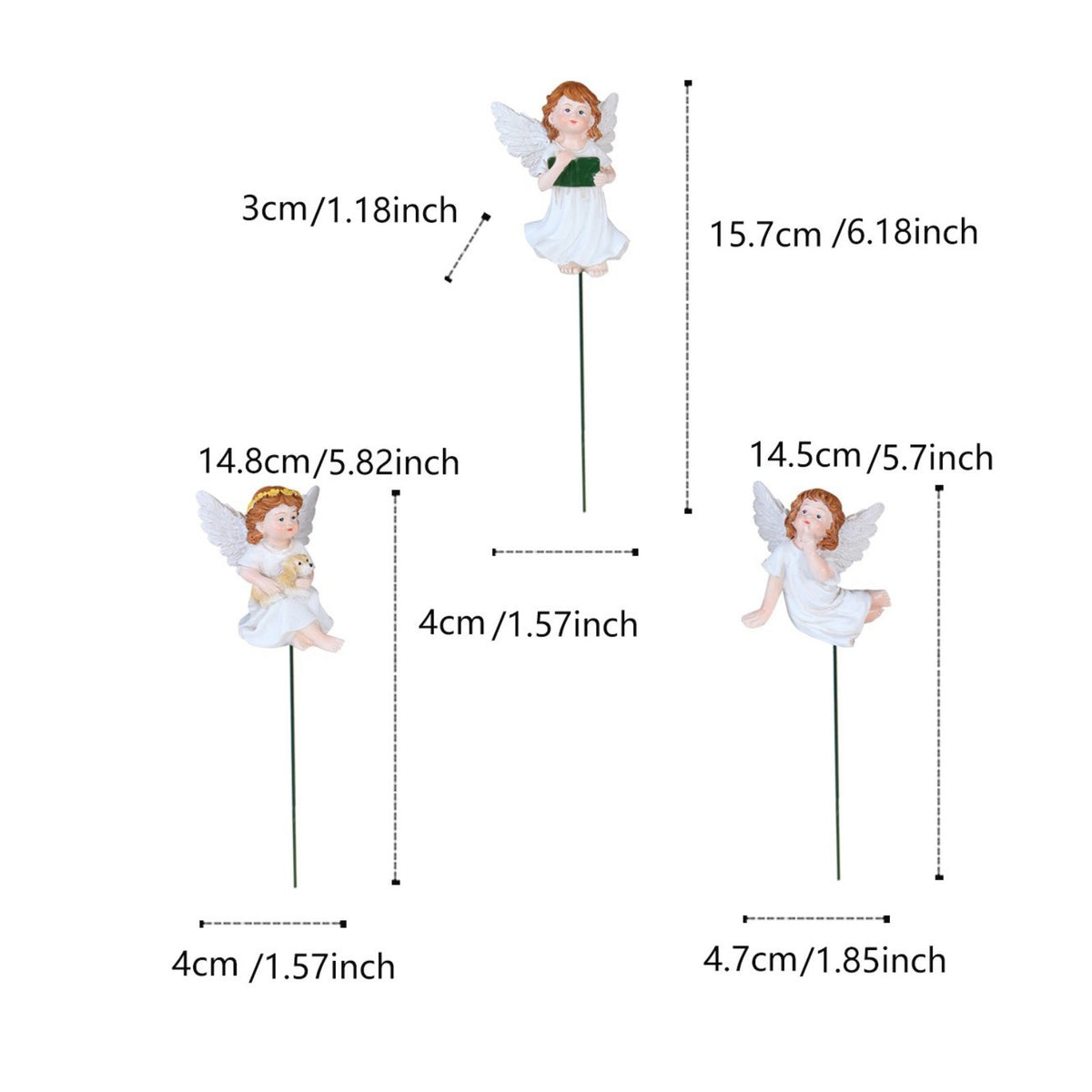 3 Pieces Winged Floral Ornament Pick Set Outdoor Use Resin Angel Plant Stake Mini Size Garden Ornament for Gardeners, Planter