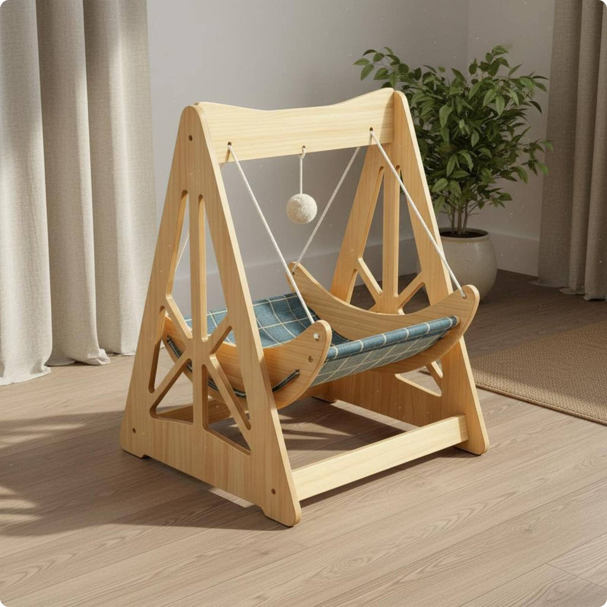 Wooden Pet Swing Bed Blue Plaid Feline Swing Bed Hanging Toy