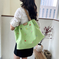 2025 New Large Capacity Canvas Tote Bag with Letter Embroidery, Green/Black/Beige