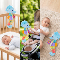 Soft Seahorse Sensory Toy Interactive Musical Seahorse Tactile Baby Rattle with Crinkle Paper Textured for Babies, Infants, Newborns, Stroller, Crib, Car Seat