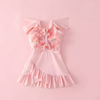 Girls' Short Sleeve One Piece Swimsuit, Polyester Material, Kids' Anti-Exposure Swimming Costume with Integrated