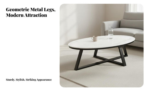 Sintered Stone Top Oval Accent Table Modern Design Living Room Furniture Minimalist Design Rounded Edges for Apartment Dwellers, Homeowners, Pet Owners, Lounge Area, Home, Office Lobby
