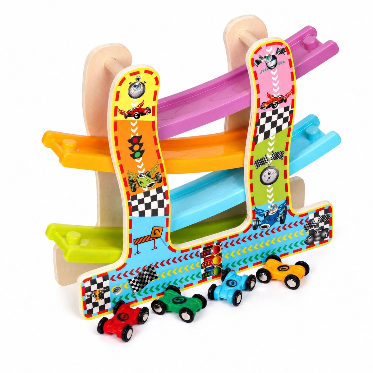 Bright Car Ramp Racer with Cars Classic Wooden Ramp Racer Tabletop Toddler Race Track Sturdy for Preschool