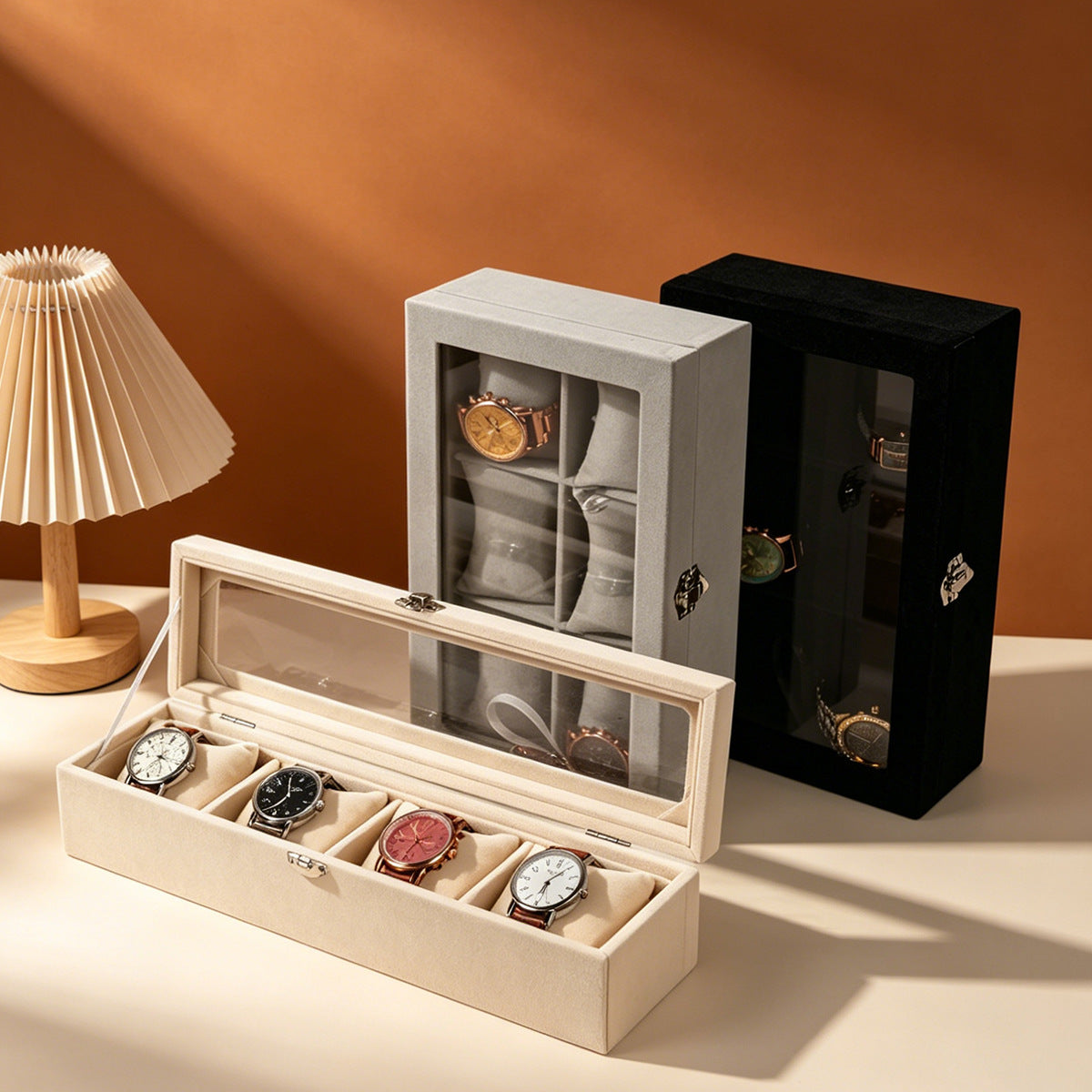 Flannel Watch Storage Box with 6 Slots and Jewelry Organizer with Transparent Lid
