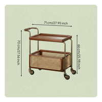 Movable Rattan Trolley Table Easy to Move Rattan Side Table Storage Rack Vintage Bedside Shelf Space-Saving for Living Room