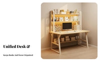 Study Table Desk with Bookshelf Computer Desk Hutch Multi-level Shelving Sturdy Steel Frame Ergonomic Workspace Suitable for Students Kids Bedroom Home Office