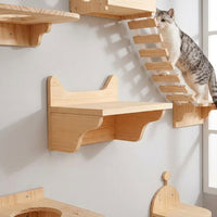 Climbing Tree for Indoor Cats, Solid Wood Wall-Mounted Shelf Set with Furniture Steps, Large Kitten Hammock and Scratching Surface, Space Saving