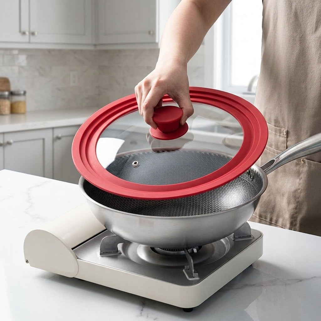 Pan Lid with Silicone Edge and Storage Rack, Tempered Glass Wok Lid for Home Cooking, Universal Pot Lid Replacement, Modern Minimalist Style