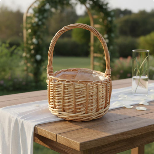 Round Wicker Basket with Handle Rustic Style Decorative Container for Wedding, Party Decoration, Home Decor